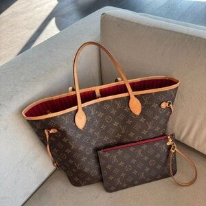 Louis Vuitton Monogram Canvas Neverfull Tote in Brown with Red Interior